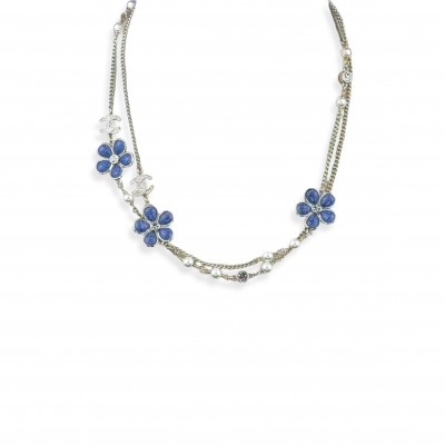CHANEL DENIM ENAMEL FLOWER CRYSTAL LIGHT GOLD DOUBLE C DOUBLE CHAIN NECKLACE